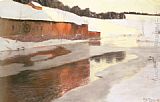 Famous Winter Paintings - A Factory Building near an Icy River in Winter